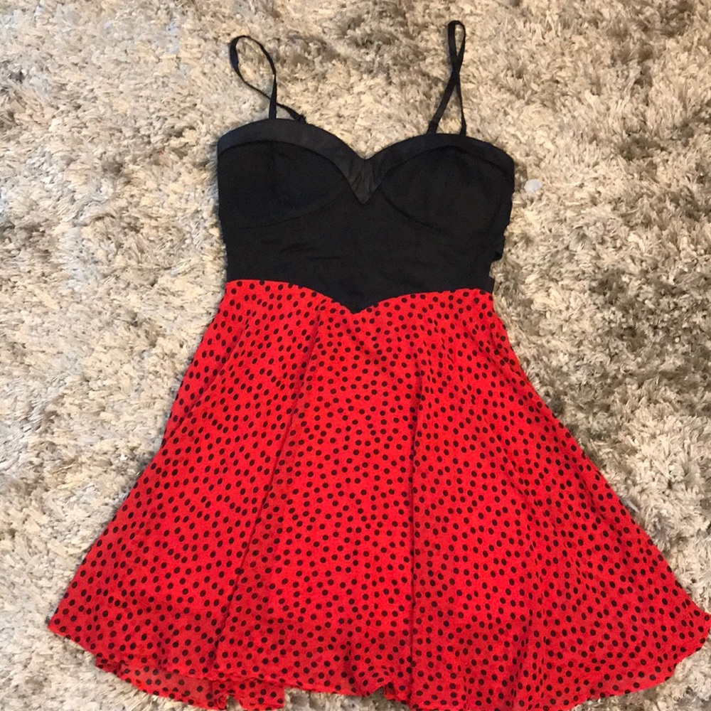 Red/black polka dot dress with sexy back